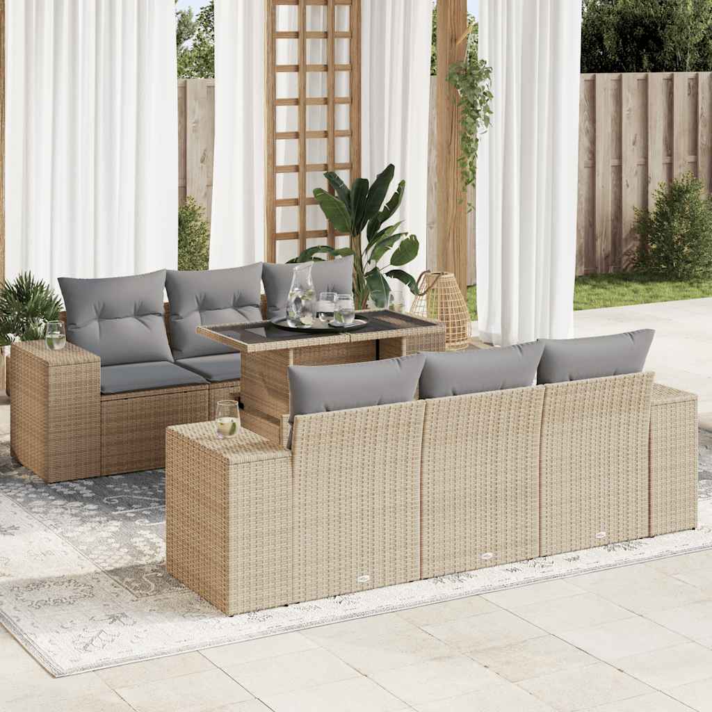 7 Pcs conjunto de sofás p/ jardim com almofadões vime PE bege