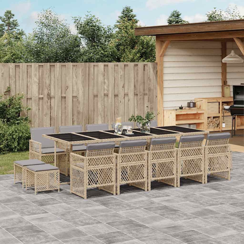15 Pcs conjunto de jantar p/ jardim com almofadões vime PE bege