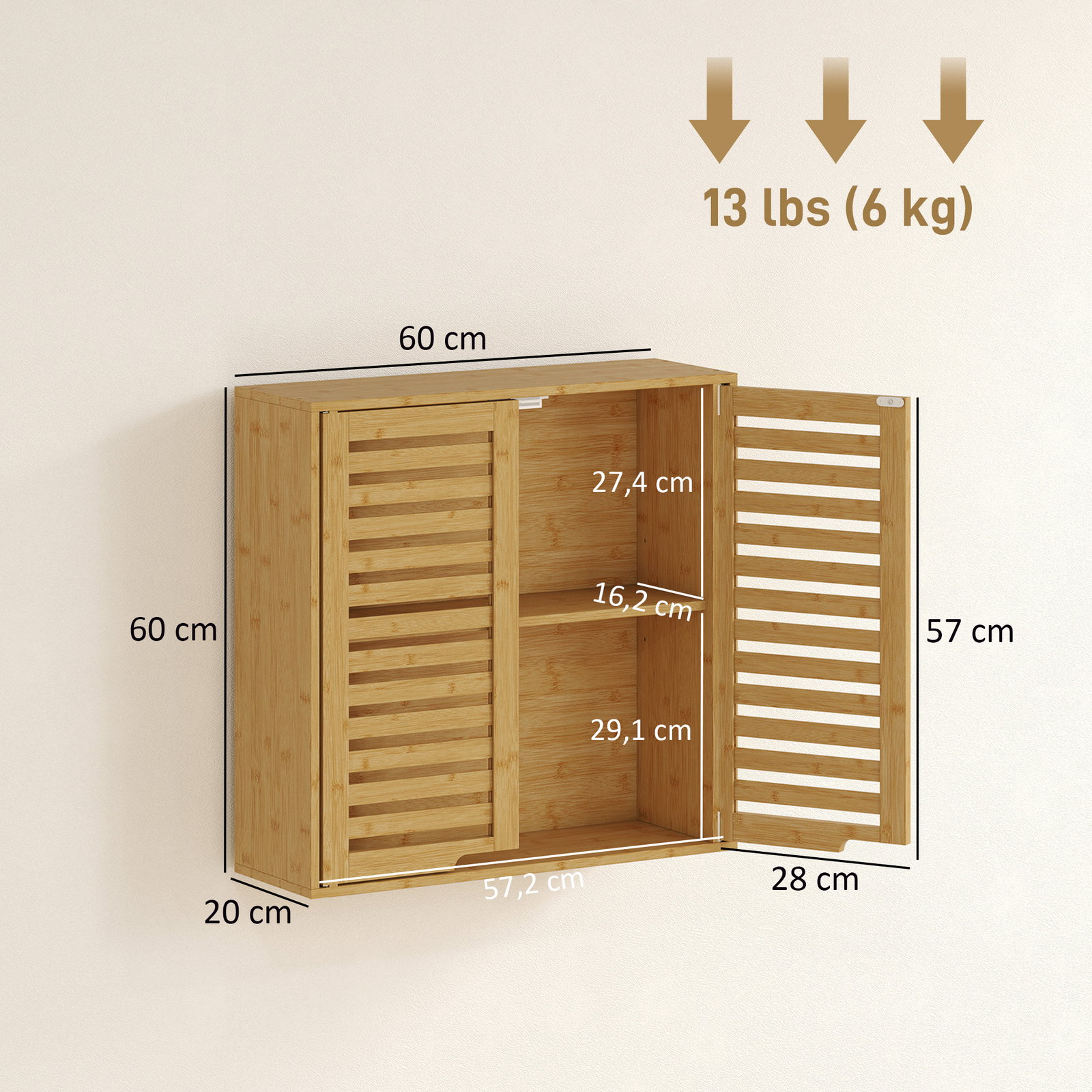 Armário de parede de bambu móvel de casa de banho suspenso com prateleira ajustável portas de ripas 60x20x60 cm madeira