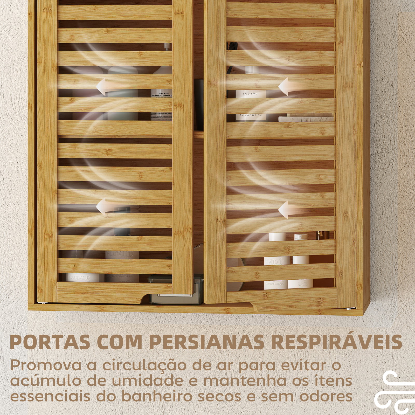 Armário de parede de bambu móvel de casa de banho suspenso com prateleira ajustável portas de ripas 60x20x60 cm madeira