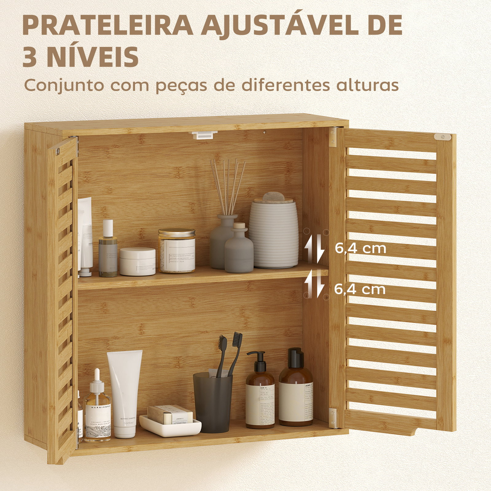 Armário de parede de bambu móvel de casa de banho suspenso com prateleira ajustável portas de ripas 60x20x60 cm madeira