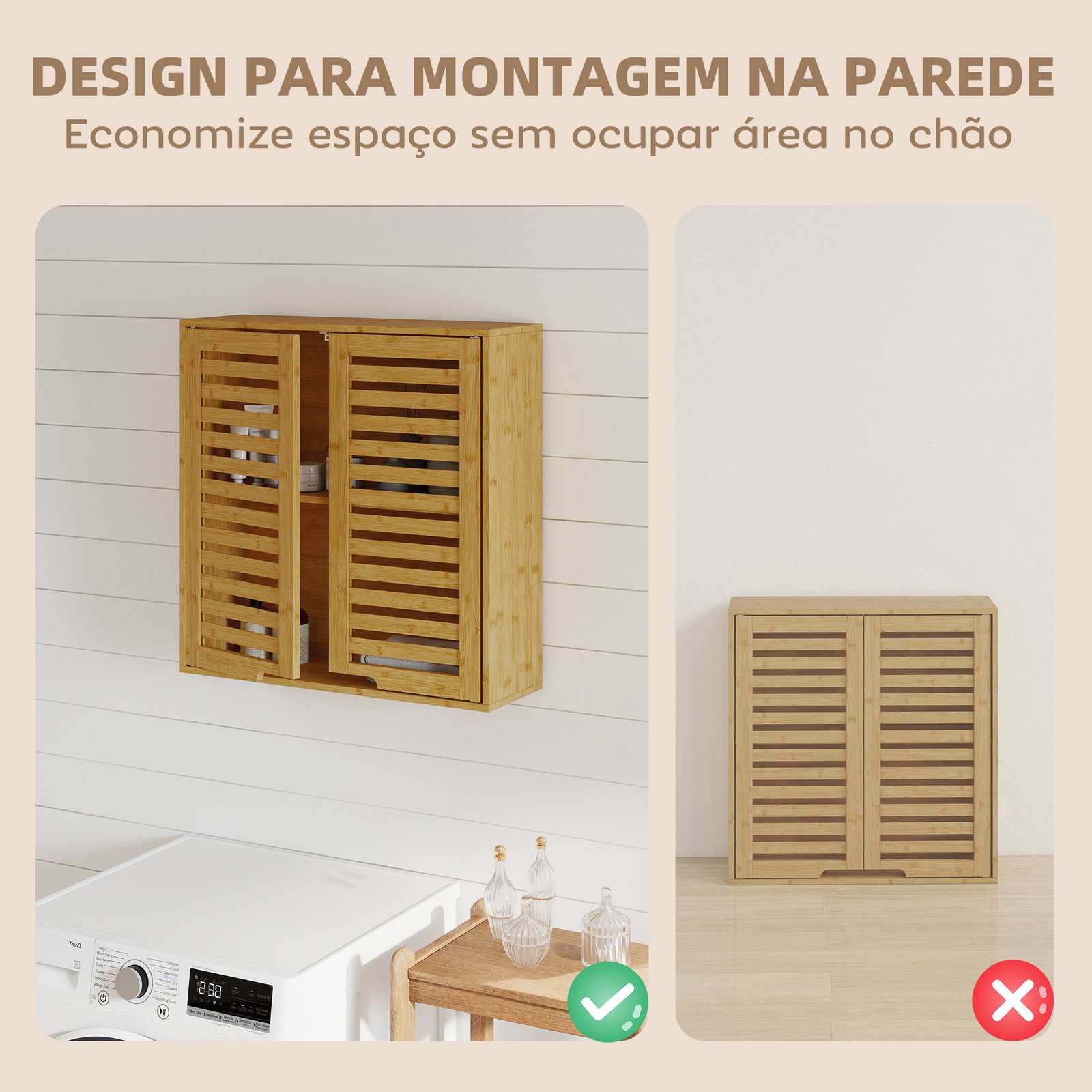Armário de parede de bambu móvel de casa de banho suspenso com prateleira ajustável portas de ripas 60x20x60 cm madeira