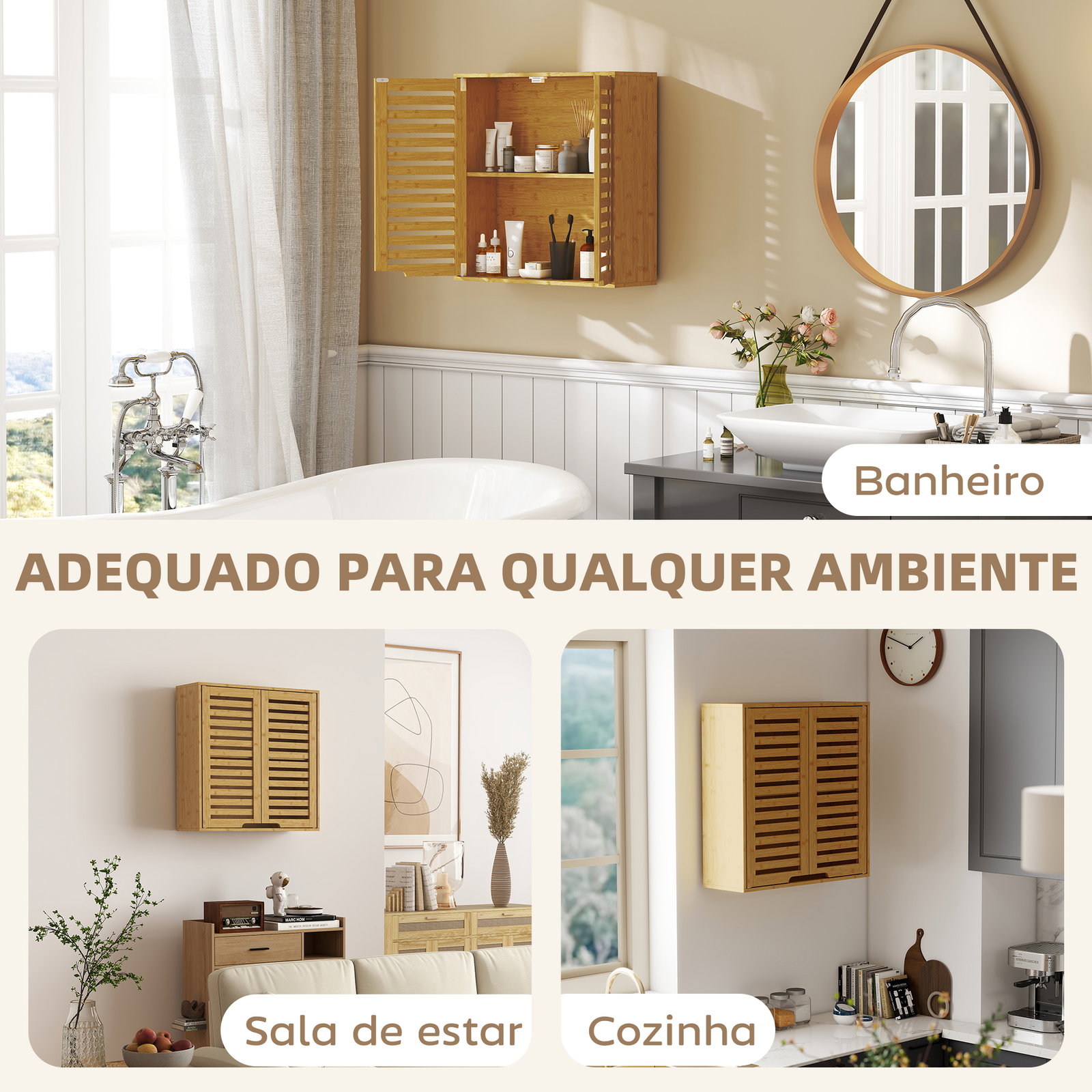 Armário de parede de bambu móvel de casa de banho suspenso com prateleira ajustável portas de ripas 60x20x60 cm madeira