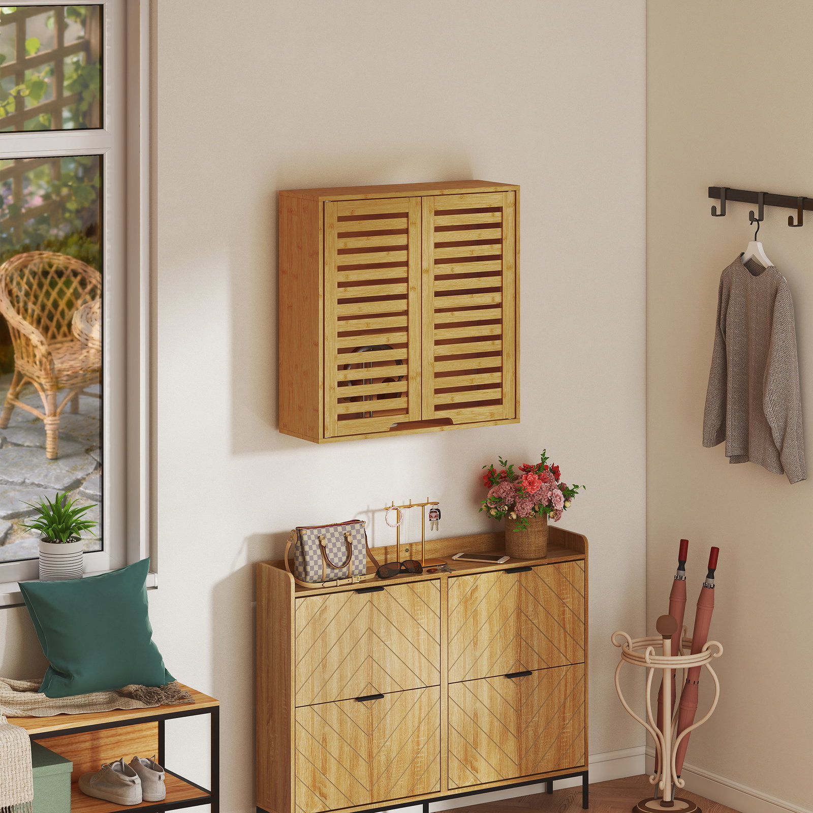 Armário de parede de bambu móvel de casa de banho suspenso com prateleira ajustável portas de ripas 60x20x60 cm madeira