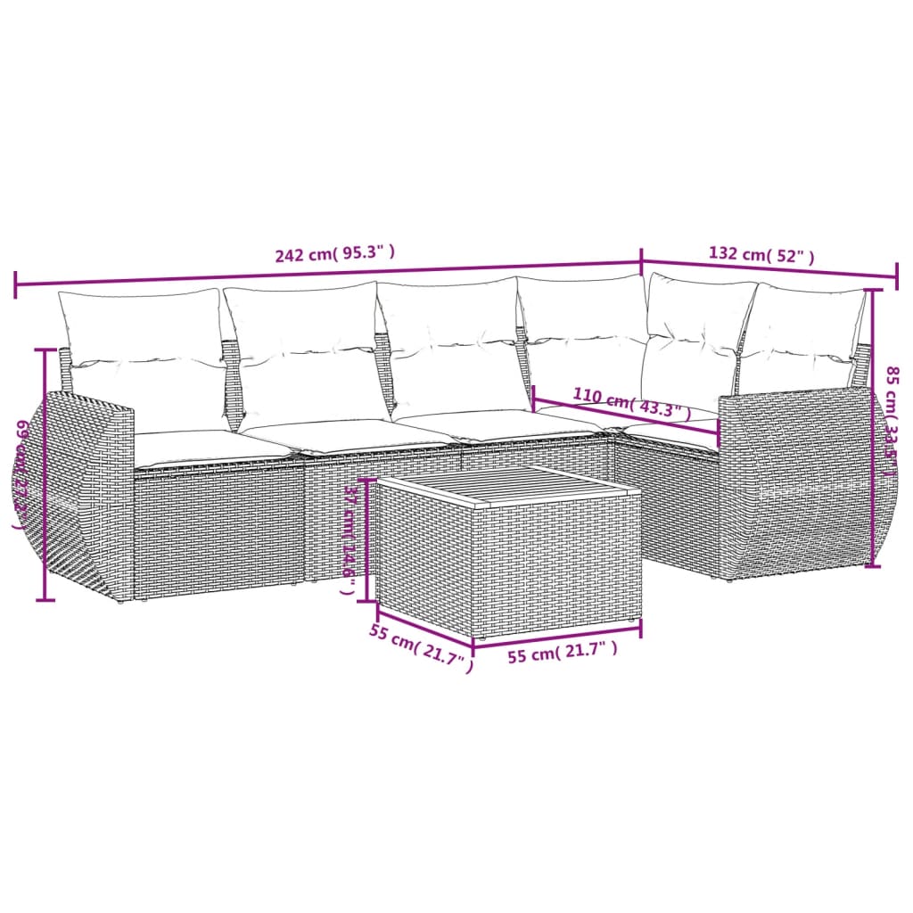6 Pcs conjunto sofás de jardim com almofadões vime cinzento