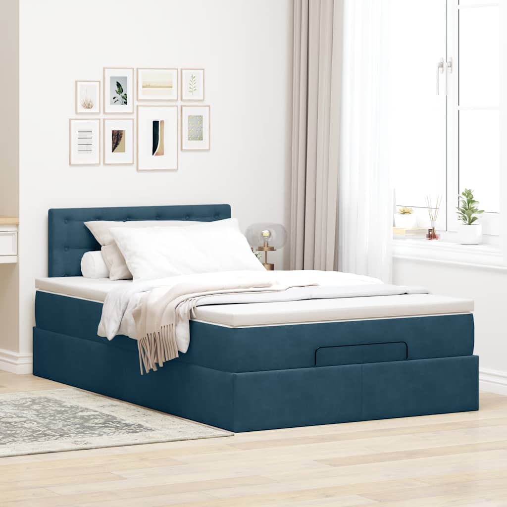 Cama otomana com colchão 120x190 cm veludo azul-escuro