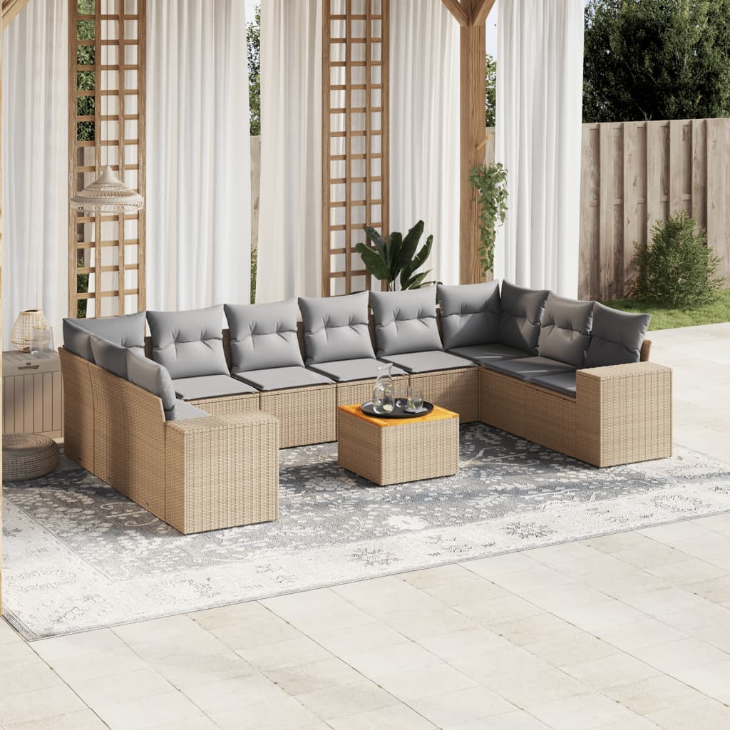 11 Pcs conjunto sofás de jardim c/ almofadões vime PE bege