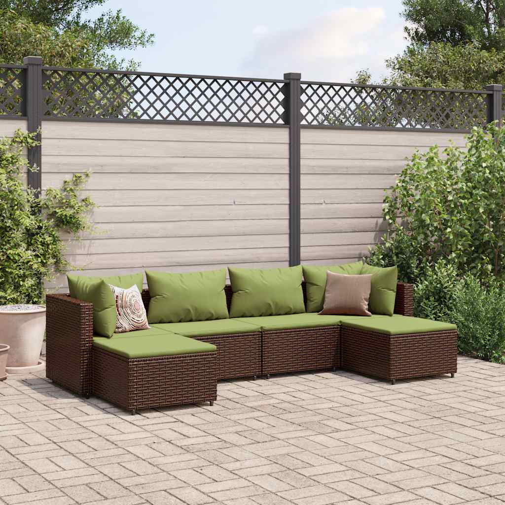 6 Pcs conj. lounge jardim c/ almofadões 6 pcs vime PE castanho
