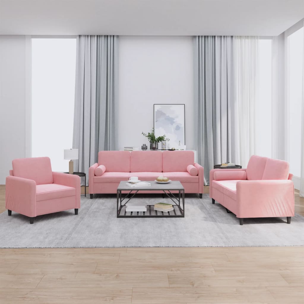 3 Pcs conjunto de sofás com almofadas veludo rosa