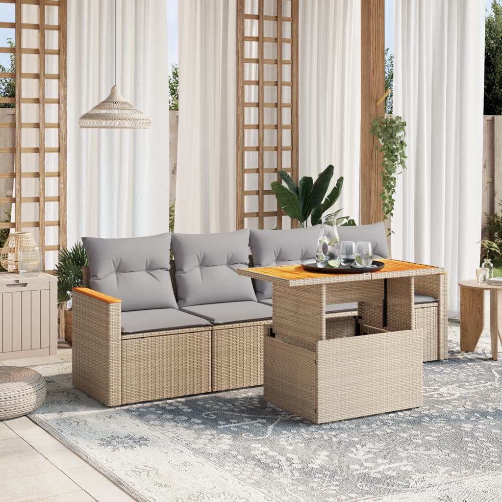 5 Pcs conjunto de sofás p/ jardim com almofadões vime PE bege
