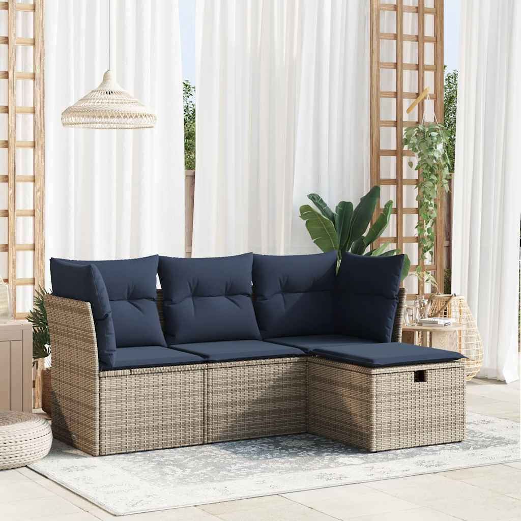 4 Pcs conjunto sofás de jardim c/ almofadões vime PE cinzento