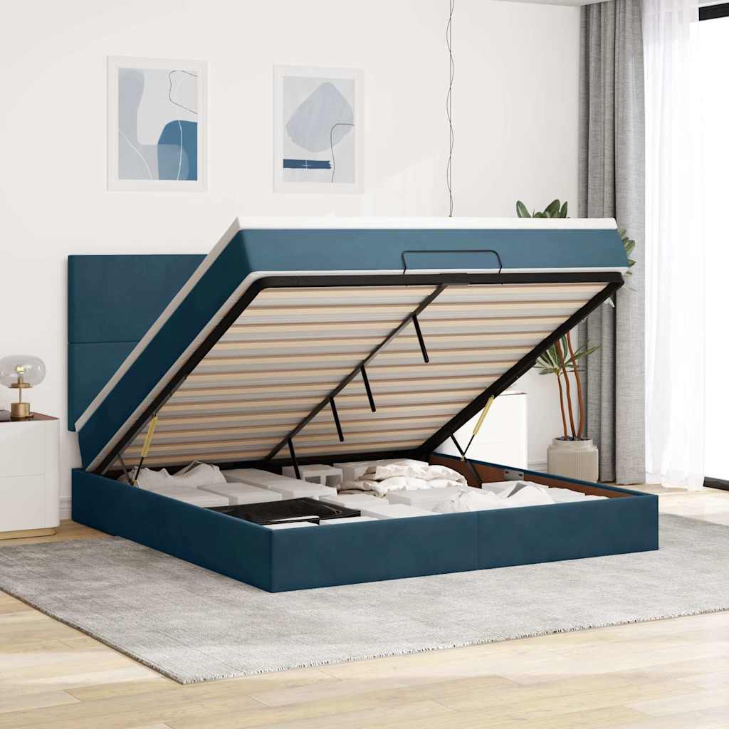 Estrutura cama otomana colchões 180x200 cm veludo azul escuro