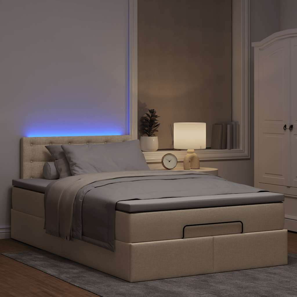 Cama otomana com colchão & leds 120x190cm tecido creme