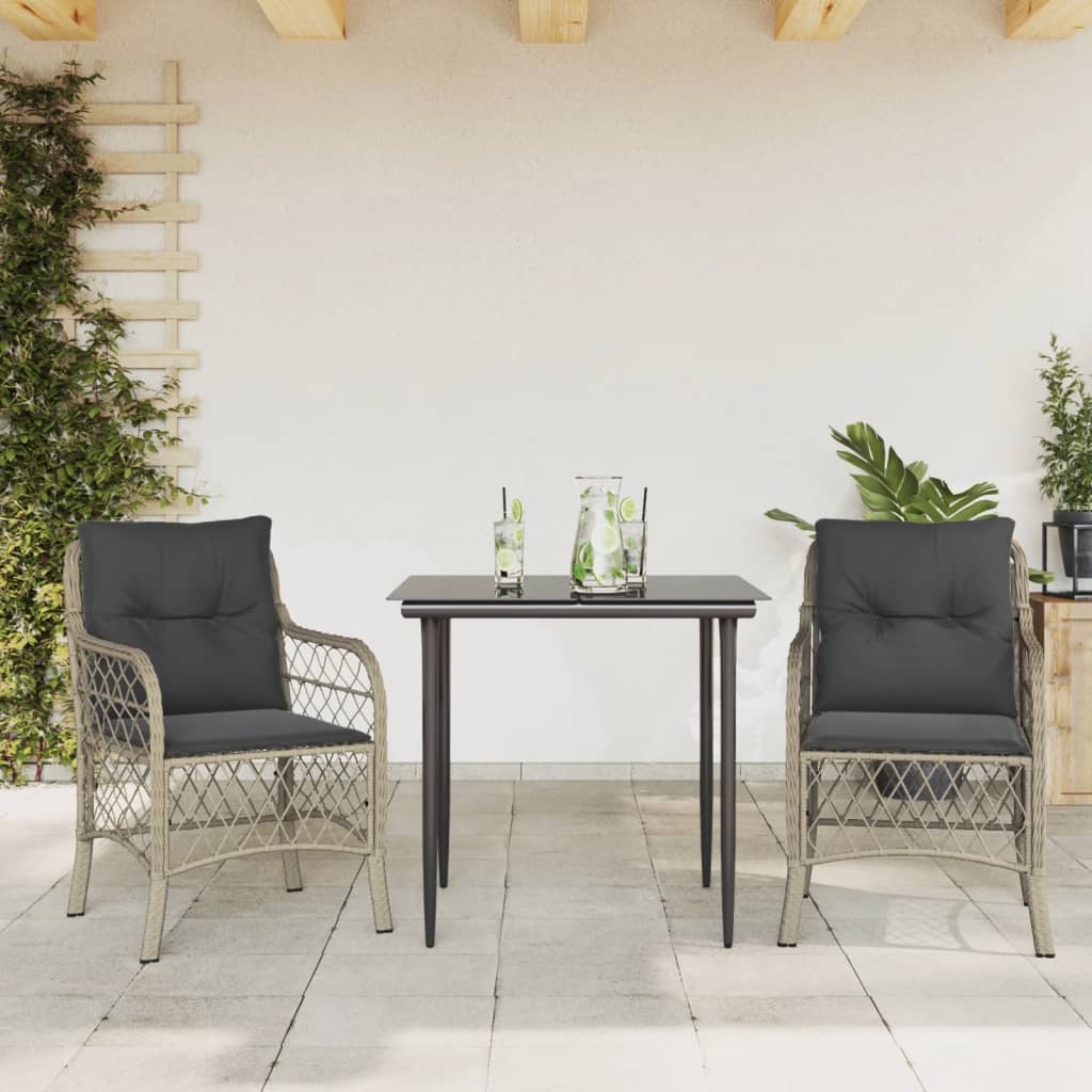 3 Pcs conjunto bistrô com almofadões vime PE cinzento claro