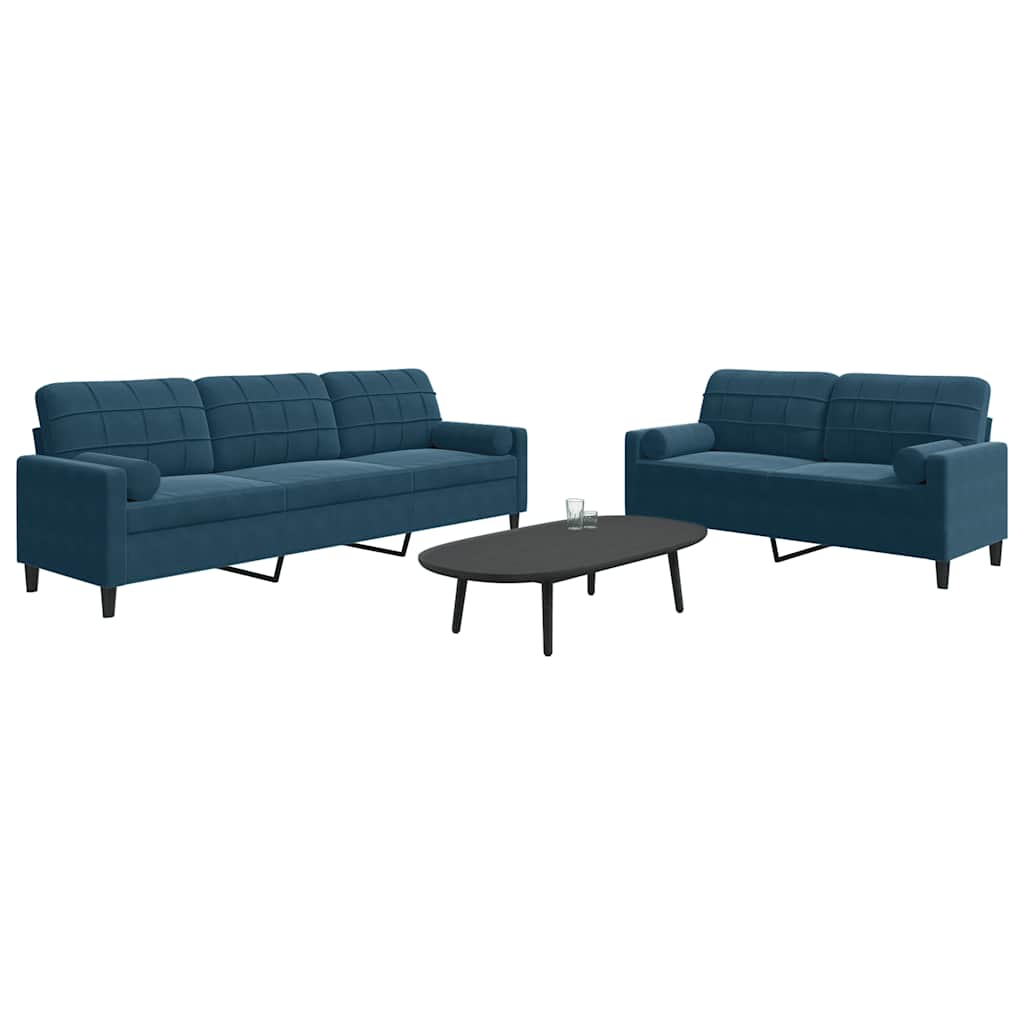 2 Pcs conjunto de sofás com almofadões e rolos veludo azul