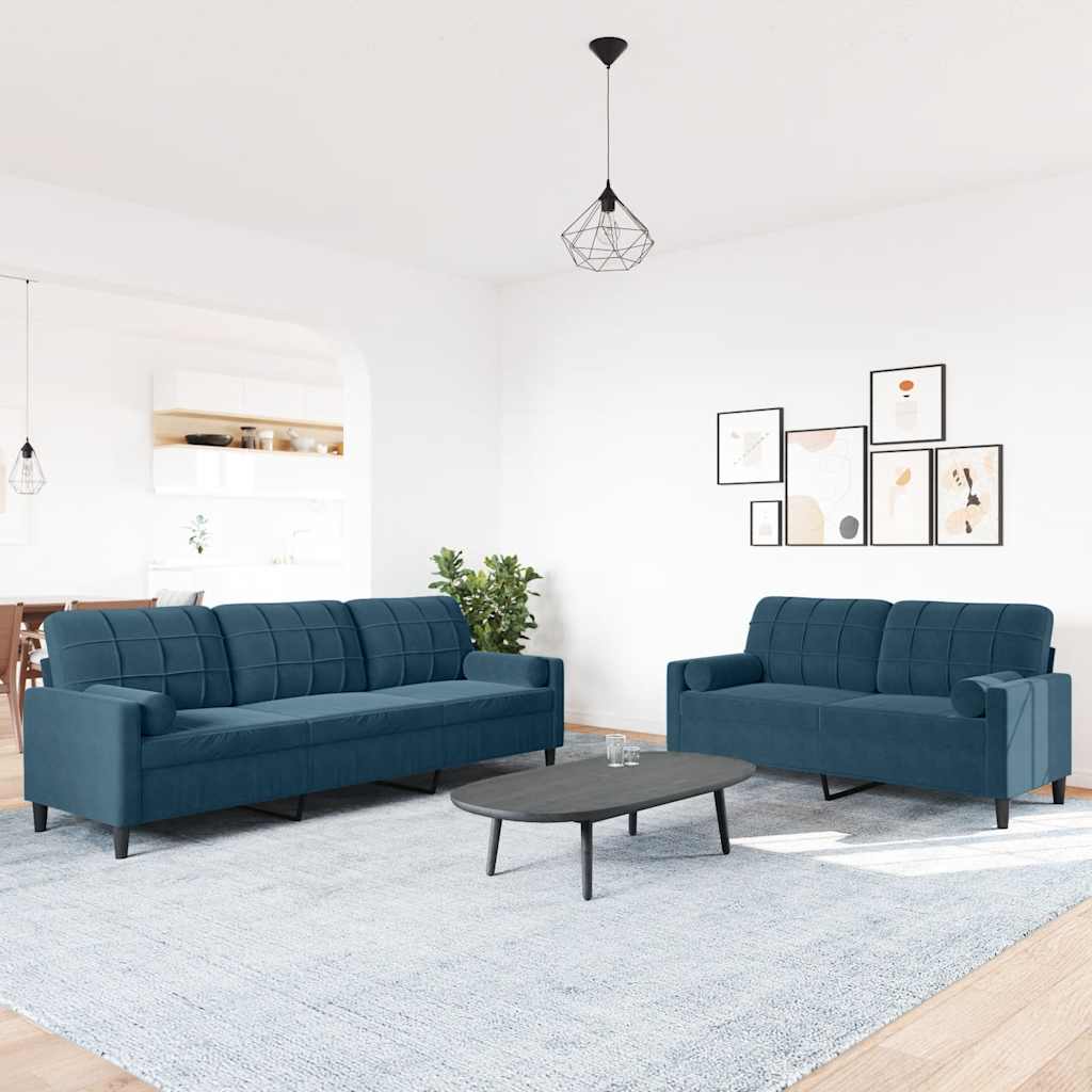 2 Pcs conjunto de sofás com almofadões e rolos veludo azul