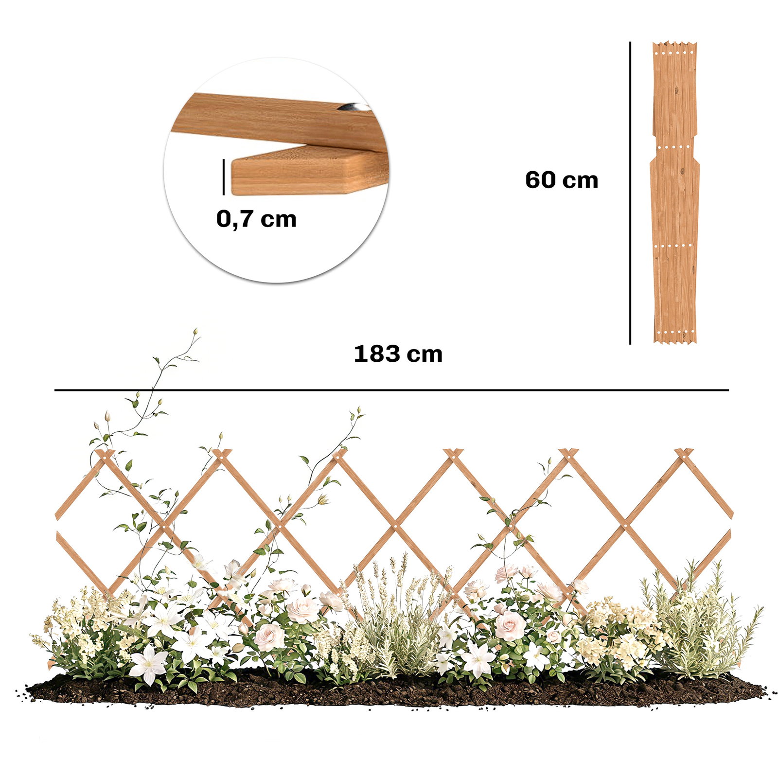 Treliça de jardim em madeira extensível suporte para plantas trepadoras rosas e videiras 180x60 cm castanho claro
