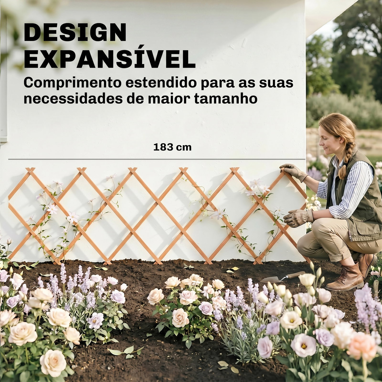 Treliça de jardim em madeira extensível suporte para plantas trepadoras rosas e videiras 180x60 cm castanho claro