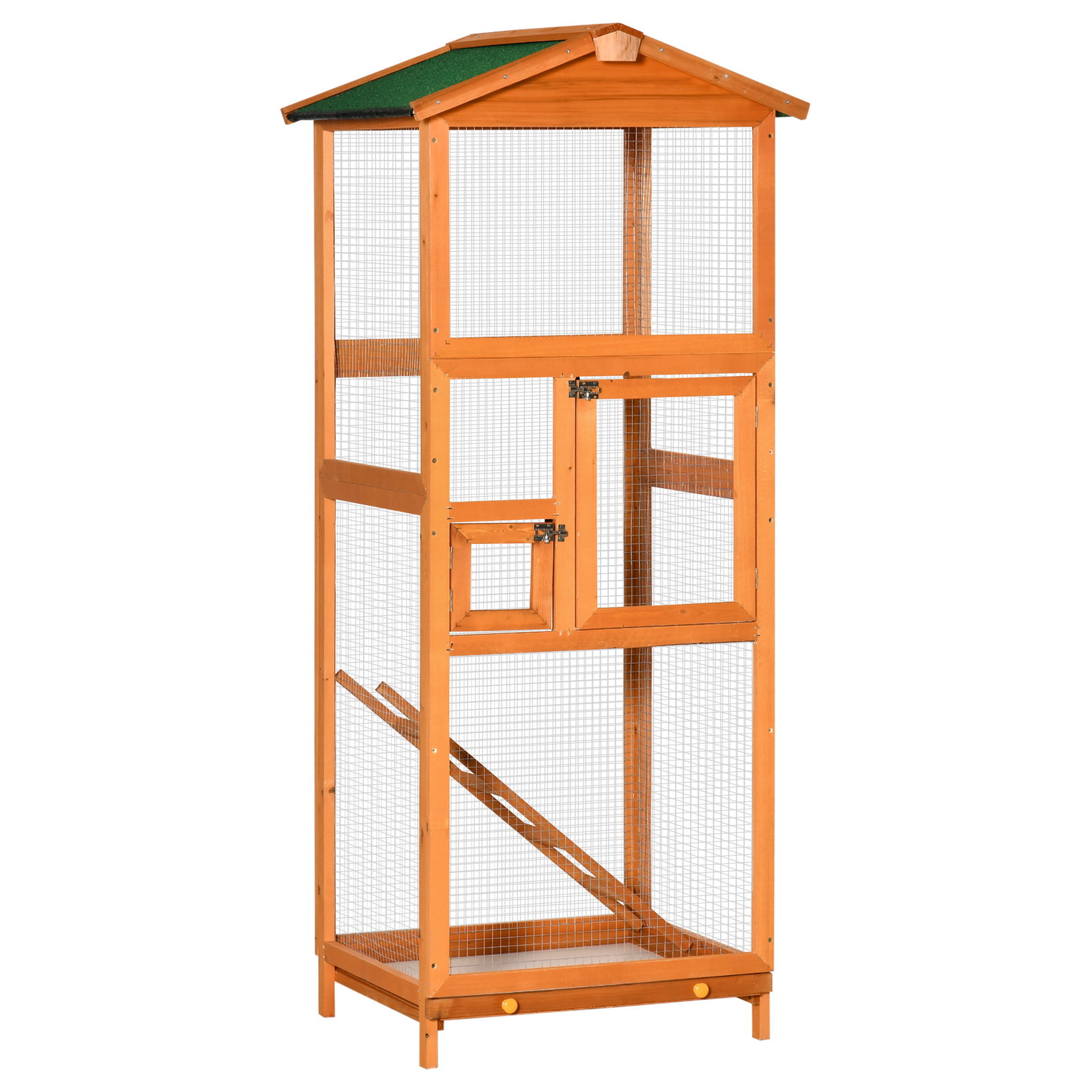 Gaiola para pássaros grande 68x63x165cm de madeira de abeto com 2 portas bandeja amovível e teto asfáltico madeira