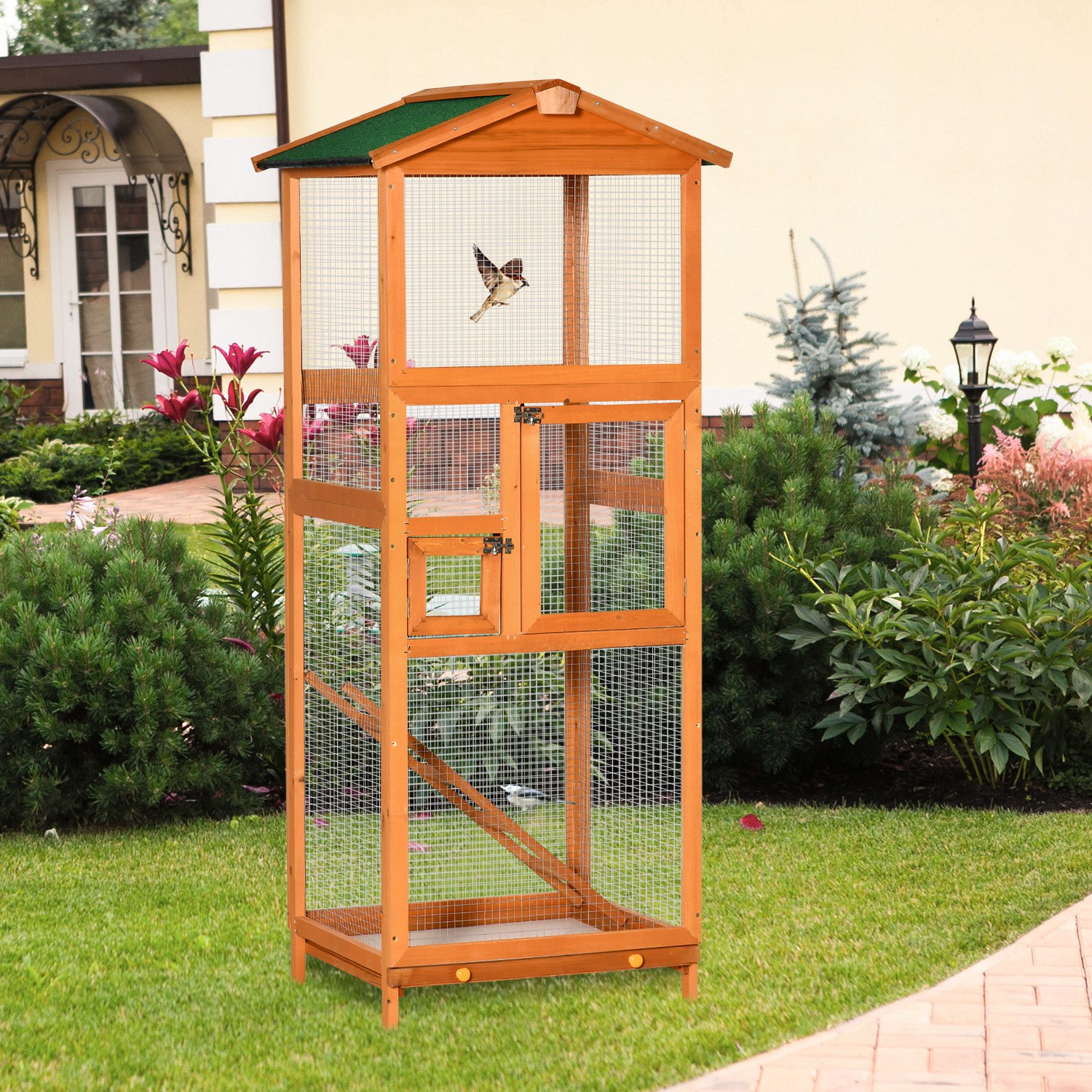 Gaiola para pássaros grande 68x63x165cm de madeira de abeto com 2 portas bandeja amovível e teto asfáltico madeira