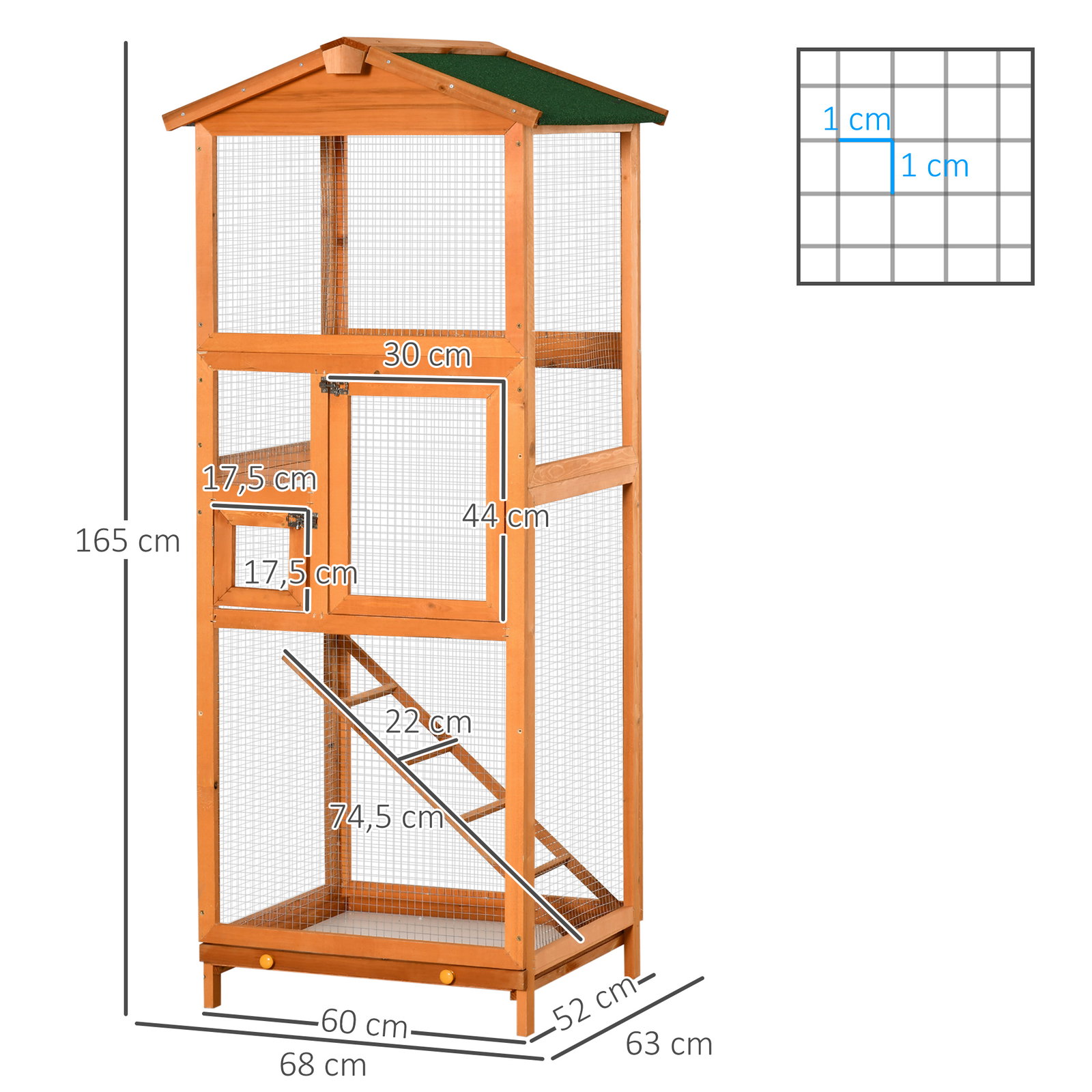 Gaiola para pássaros grande 68x63x165cm de madeira de abeto com 2 portas bandeja amovível e teto asfáltico madeira
