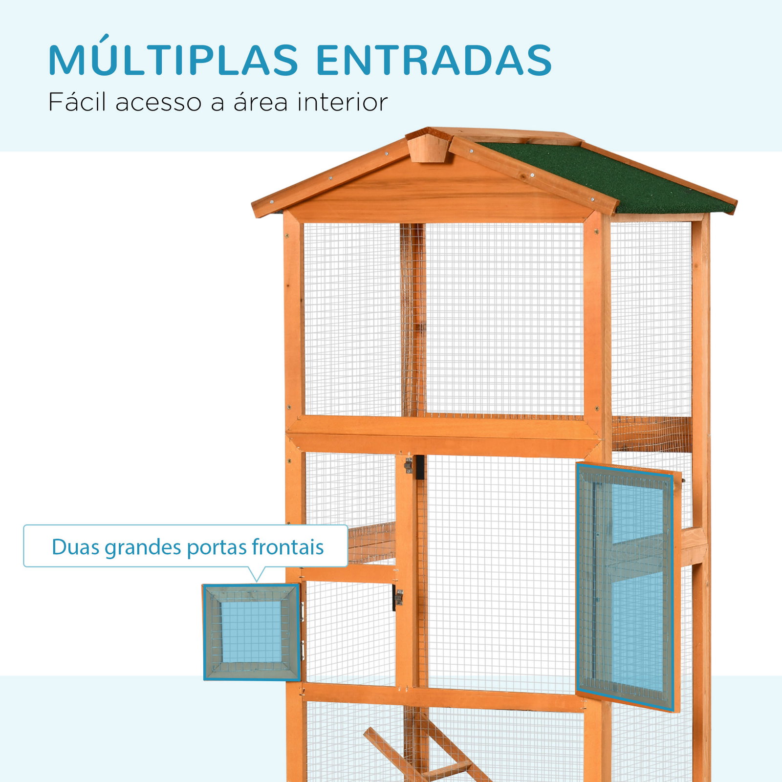Gaiola para pássaros grande 68x63x165cm de madeira de abeto com 2 portas bandeja amovível e teto asfáltico madeira