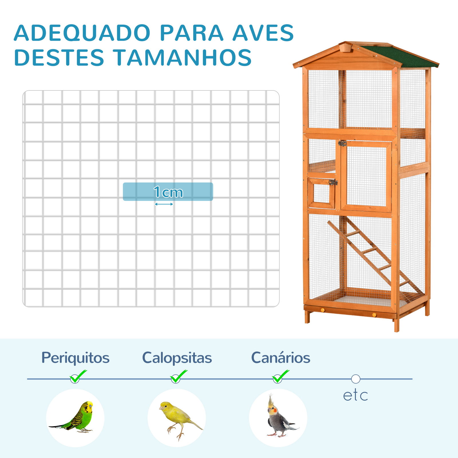 Gaiola para pássaros grande 68x63x165cm de madeira de abeto com 2 portas bandeja amovível e teto asfáltico madeira
