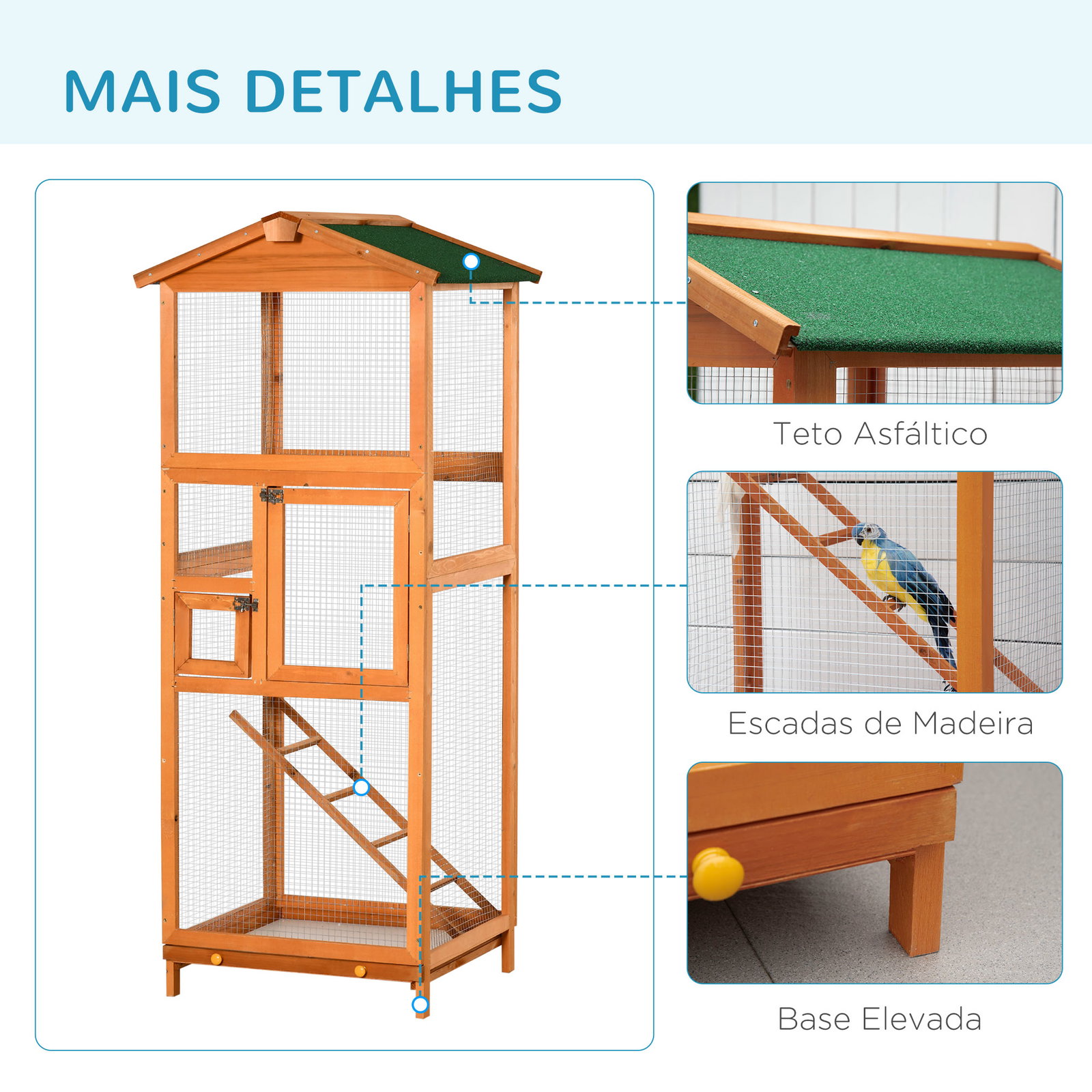 Gaiola para pássaros grande 68x63x165cm de madeira de abeto com 2 portas bandeja amovível e teto asfáltico madeira