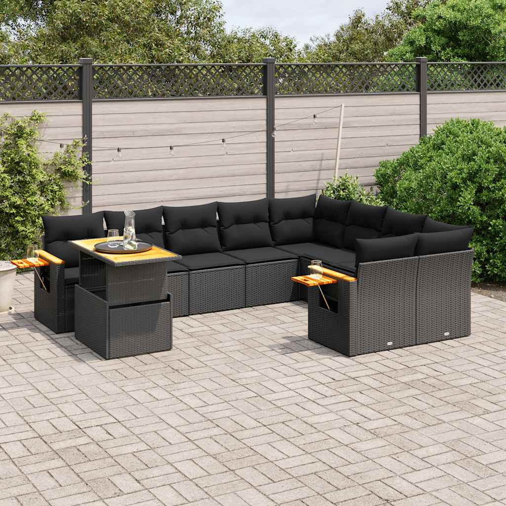 10 Pcs conjunto sofás de jardim c/ almofadões vime PE preto