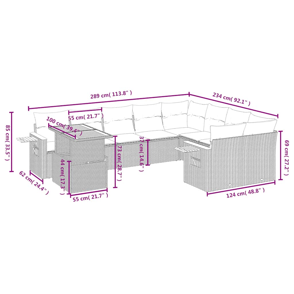 10 Pcs conjunto sofás de jardim c/ almofadões vime PE preto