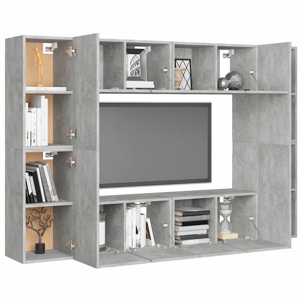 8 Pcs conjunto de móveis de TV contraplacado cinzento cimento