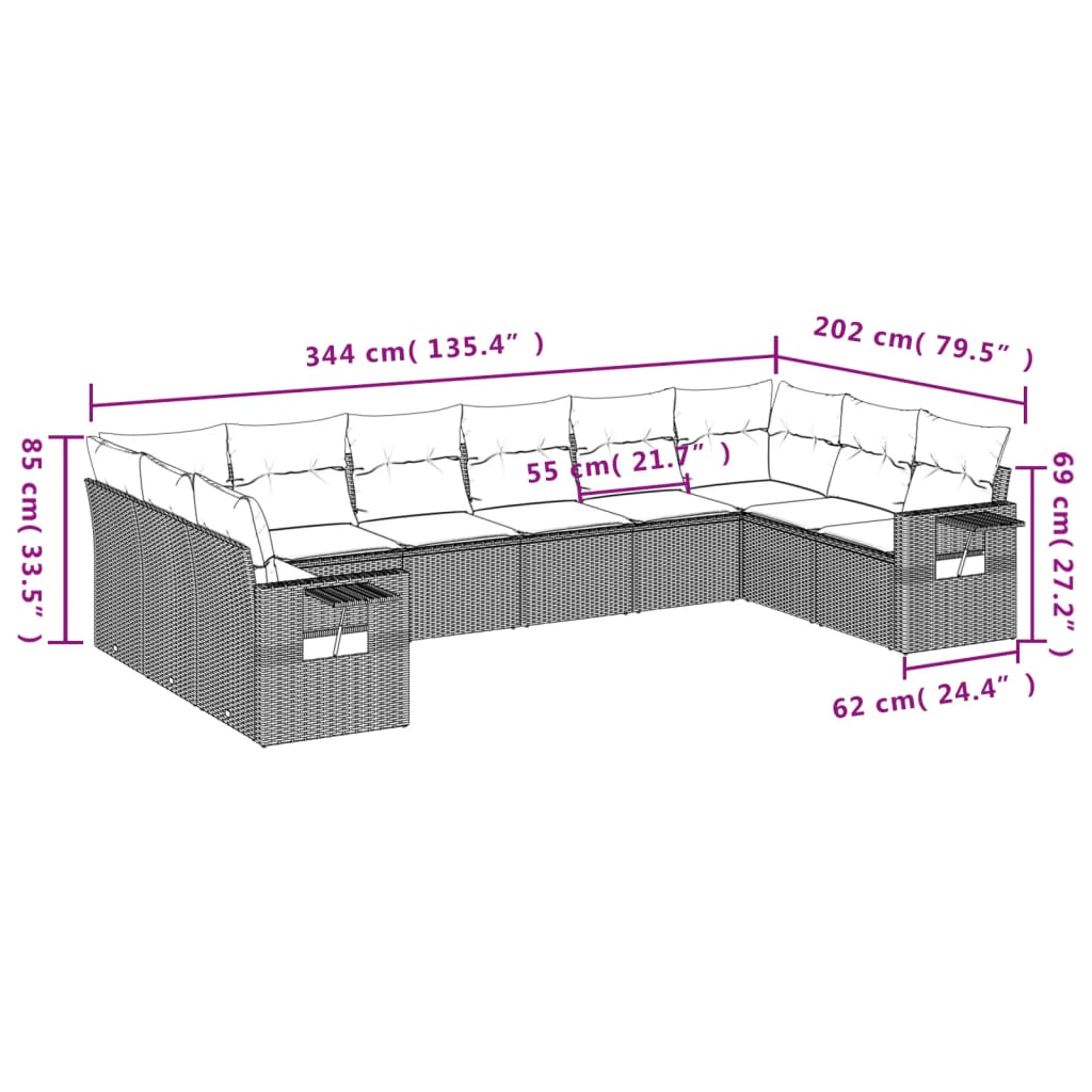 10 Pcs conjunto sofás de jardim c/ almofadões vime PE preto