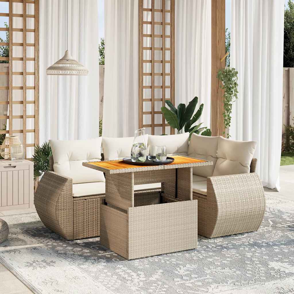 5 Pcs conjunto de sofás p/ jardim com almofadões vime PE bege