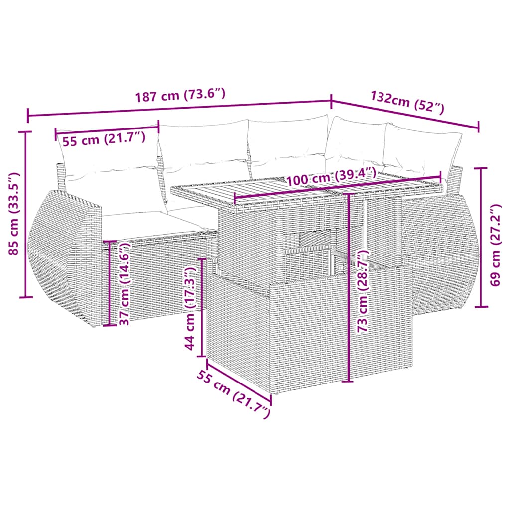 5 Pcs conjunto de sofás p/ jardim com almofadões vime PE bege