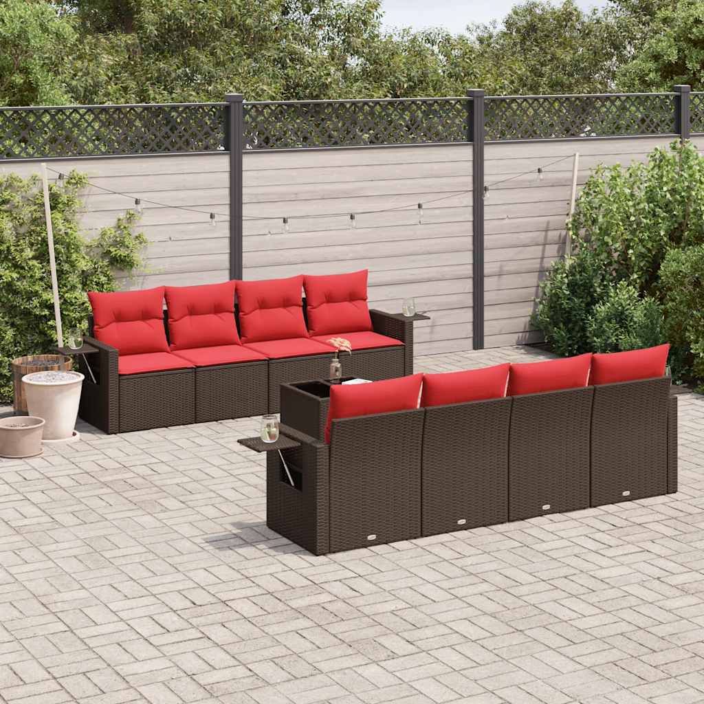 Conjunto de sofá de jardim com 9 peças e almofadas em rattan sintético marrom