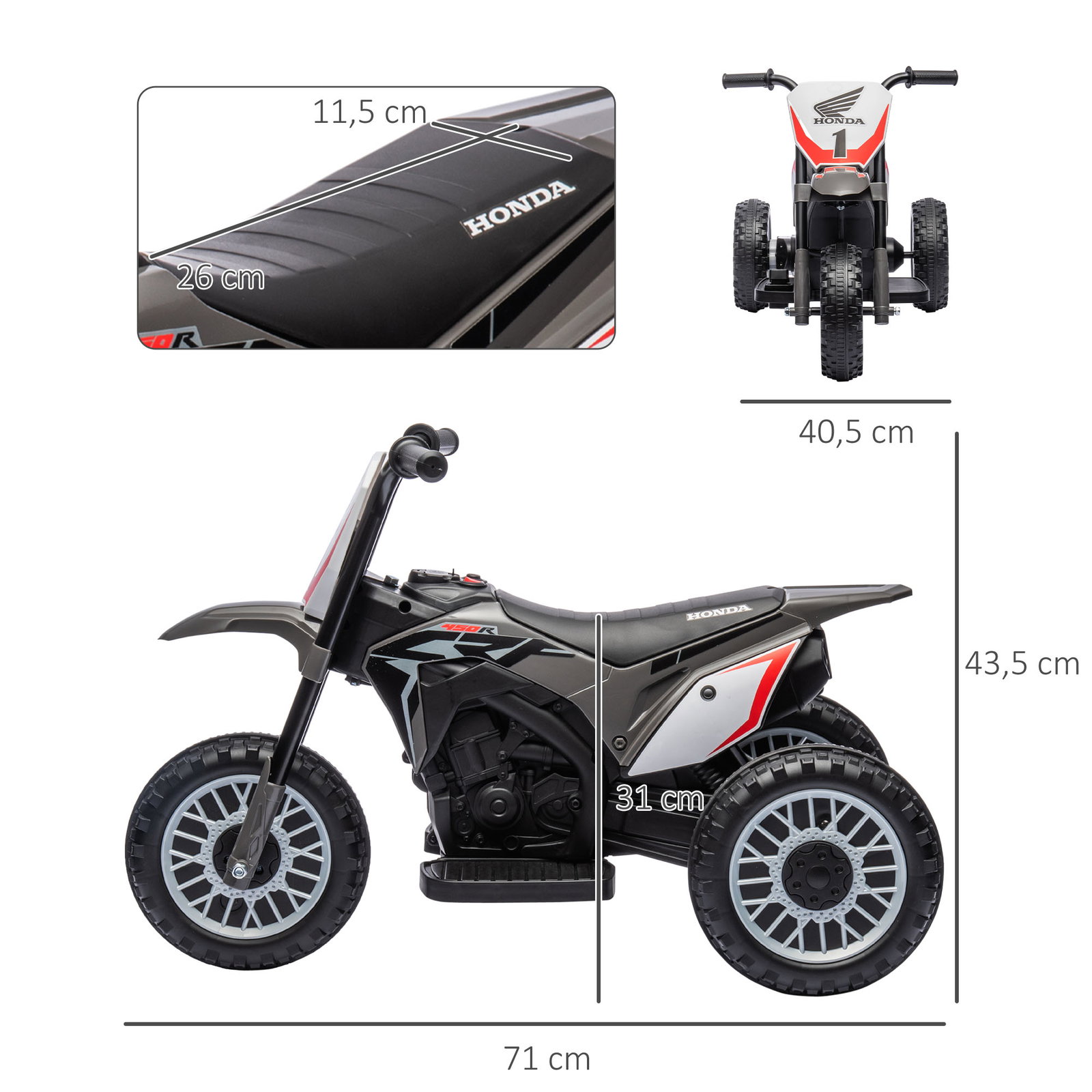 Mota elétrica com licença honda crf450rl bateria 6v com velocidade 3km/h buzina e som de arranque 71x40,5x43,5 cm cinza