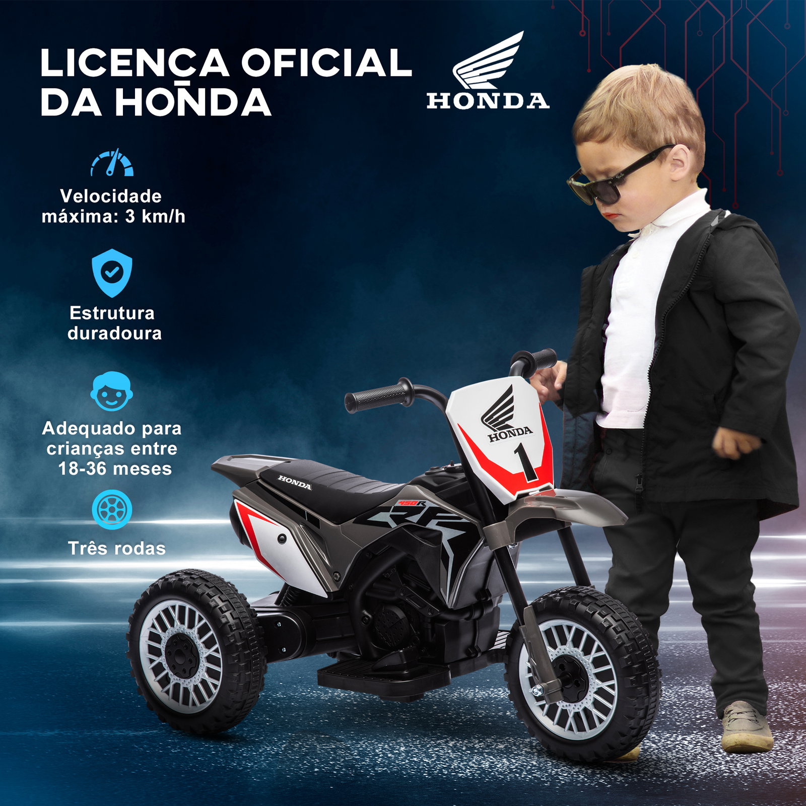 Mota elétrica com licença honda crf450rl bateria 6v com velocidade 3km/h buzina e som de arranque 71x40,5x43,5 cm cinza