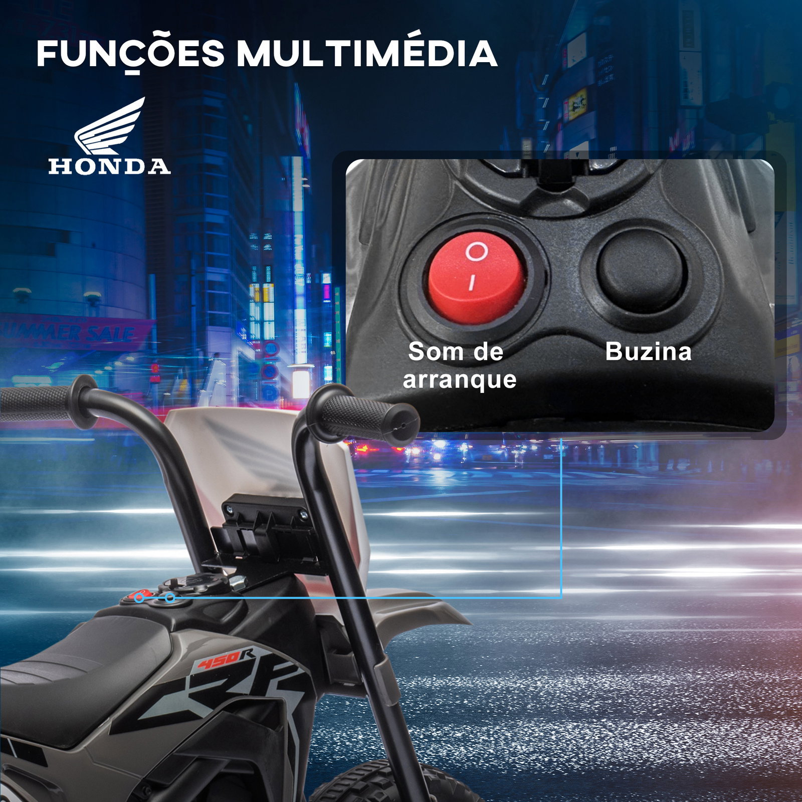Mota elétrica com licença honda crf450rl bateria 6v com velocidade 3km/h buzina e som de arranque 71x40,5x43,5 cm cinza