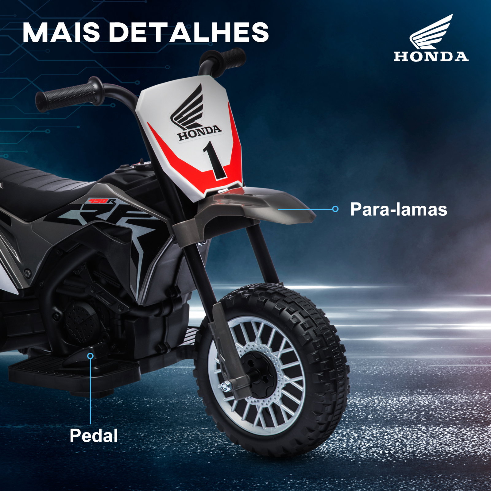 Mota elétrica com licença honda crf450rl bateria 6v com velocidade 3km/h buzina e som de arranque 71x40,5x43,5 cm cinza