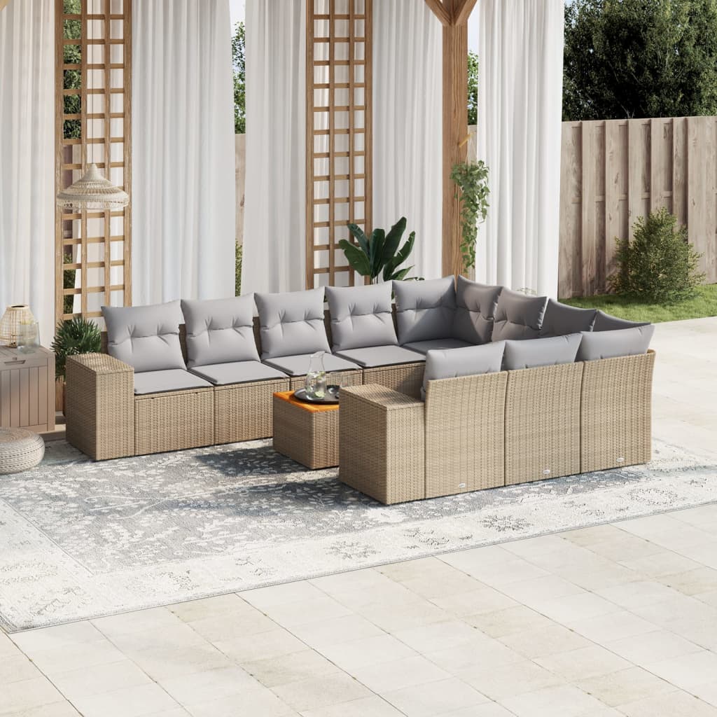11 Pcs conjunto sofás de jardim c/ almofadões vime PE bege