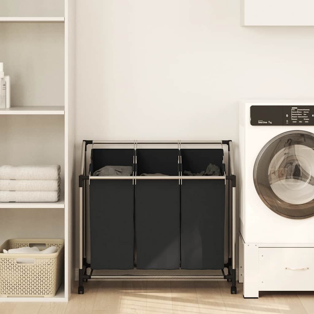 Separador de roupa suja com 3 sacos aço preto