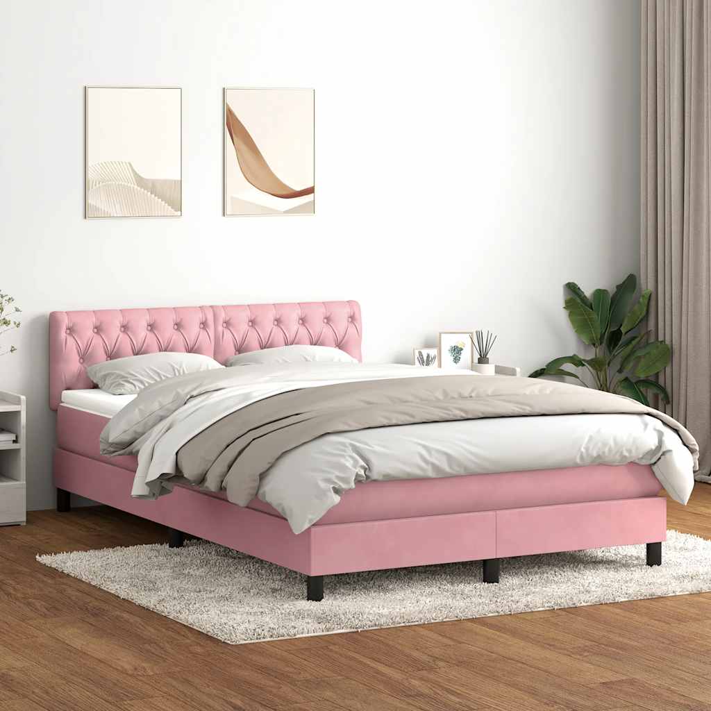 Cama box spring c/ colchão e LED 140x210 cm veludo rosa