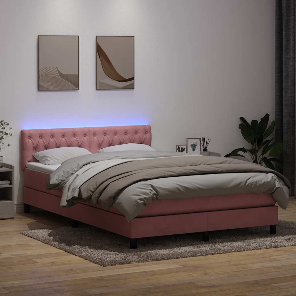 Cama box spring c/ colchão e LED 140x210 cm veludo rosa