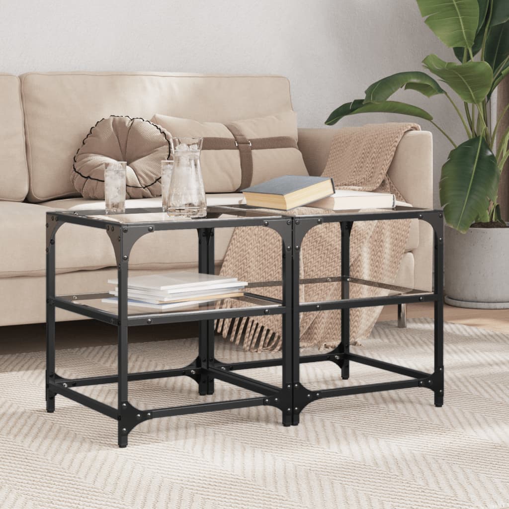Mesas de centro c/ topo vidro transparente 2 pcs 40x40x45cm aço