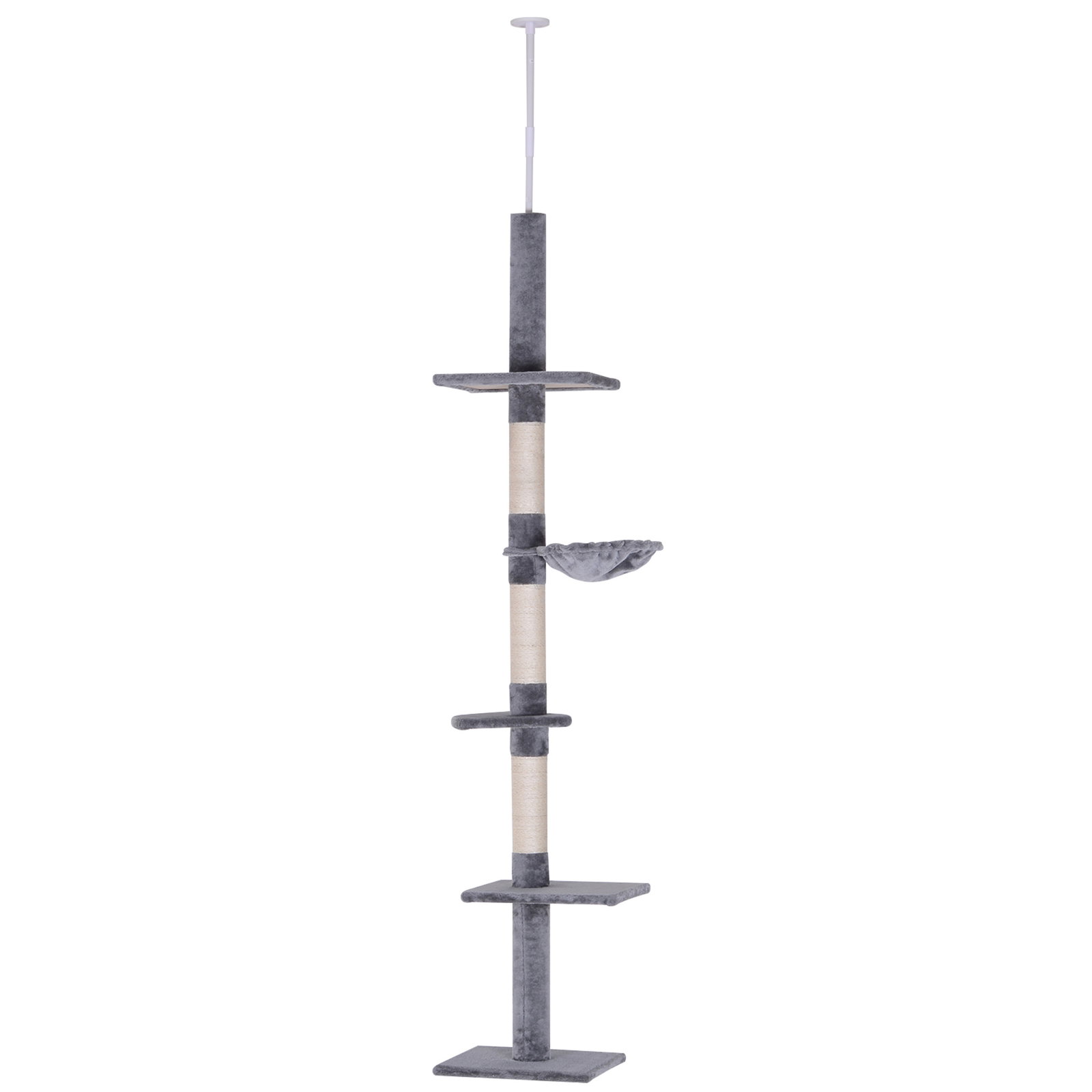 Árvore arranhadora para gatos arranhador para fixar ao teto altura ajustável com plataformas poste de sisal 40x34x230-260cm cinza