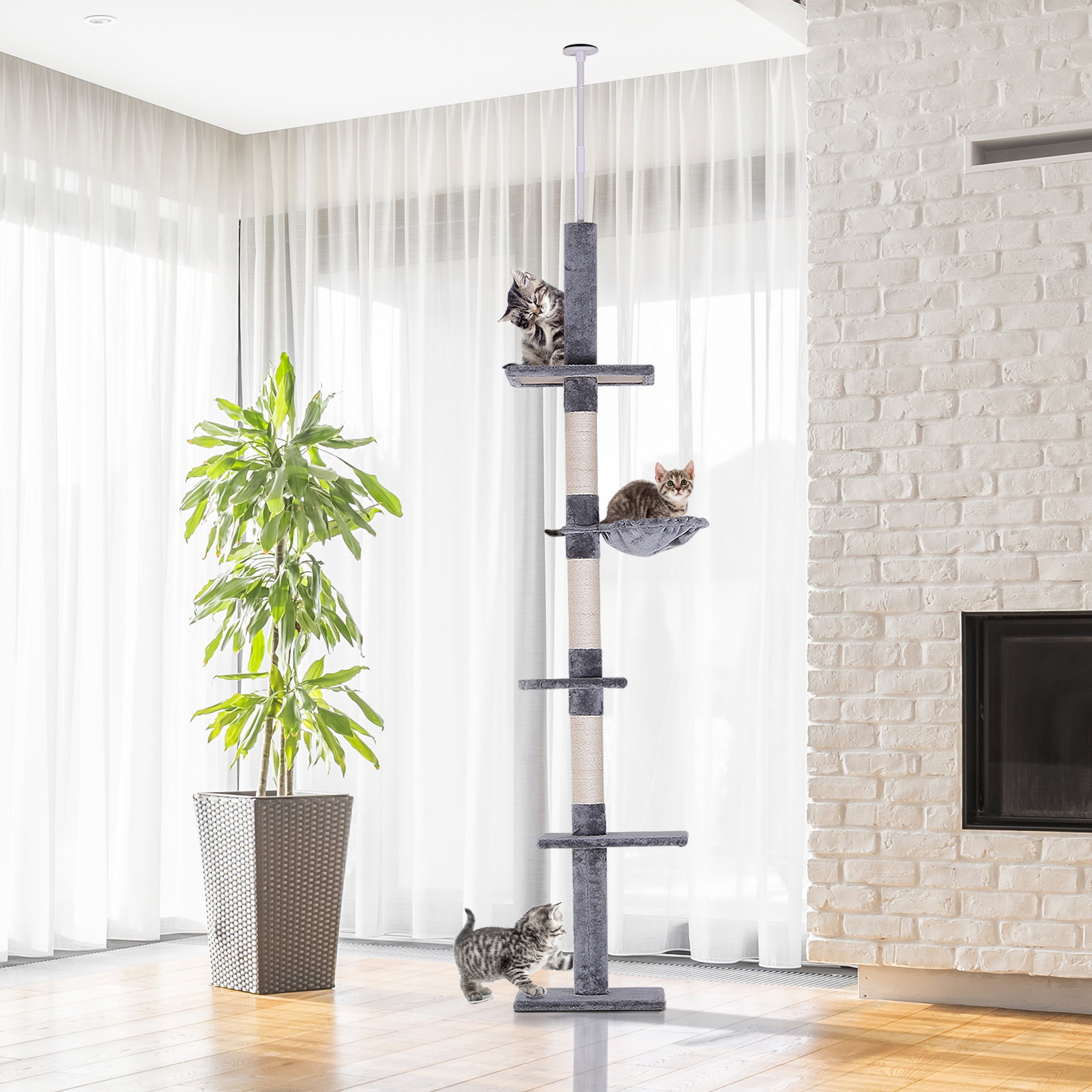 Árvore arranhadora para gatos arranhador para fixar ao teto altura ajustável com plataformas poste de sisal 40x34x230-260cm cinza