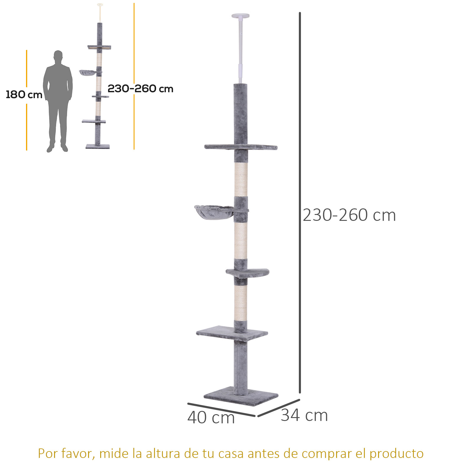 Árvore arranhadora para gatos arranhador para fixar ao teto altura ajustável com plataformas poste de sisal 40x34x230-260cm cinza