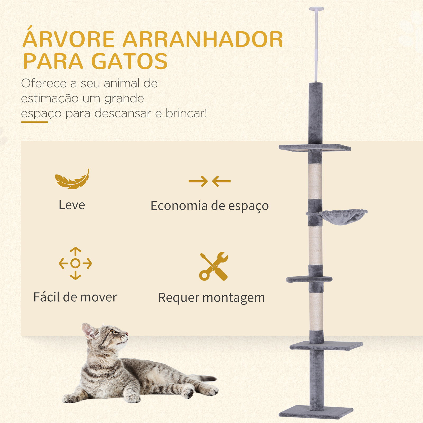 Árvore arranhadora para gatos arranhador para fixar ao teto altura ajustável com plataformas poste de sisal 40x34x230-260cm cinza
