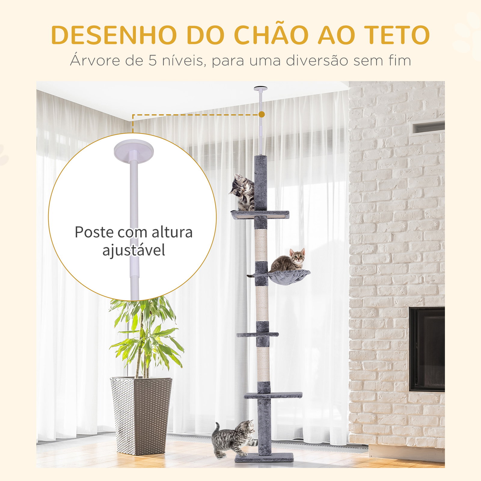 Árvore arranhadora para gatos arranhador para fixar ao teto altura ajustável com plataformas poste de sisal 40x34x230-260cm cinza