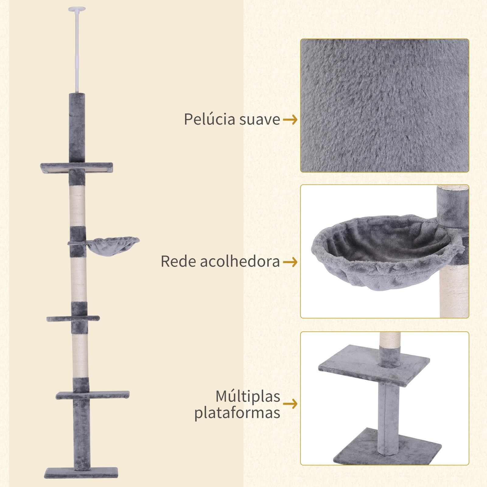 Árvore arranhadora para gatos arranhador para fixar ao teto altura ajustável com plataformas poste de sisal 40x34x230-260cm cinza